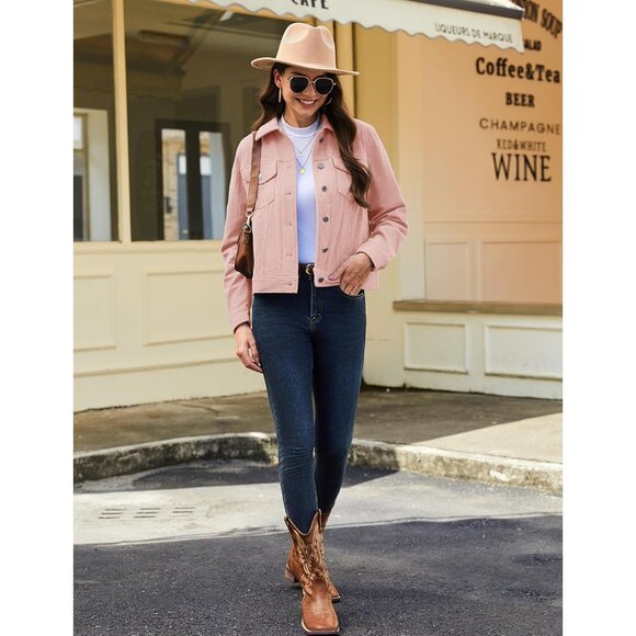 Women Light Pink Corduroy Cropped Shacket Button Down Long Sleeve Casual Coat - Picture 2 of 6